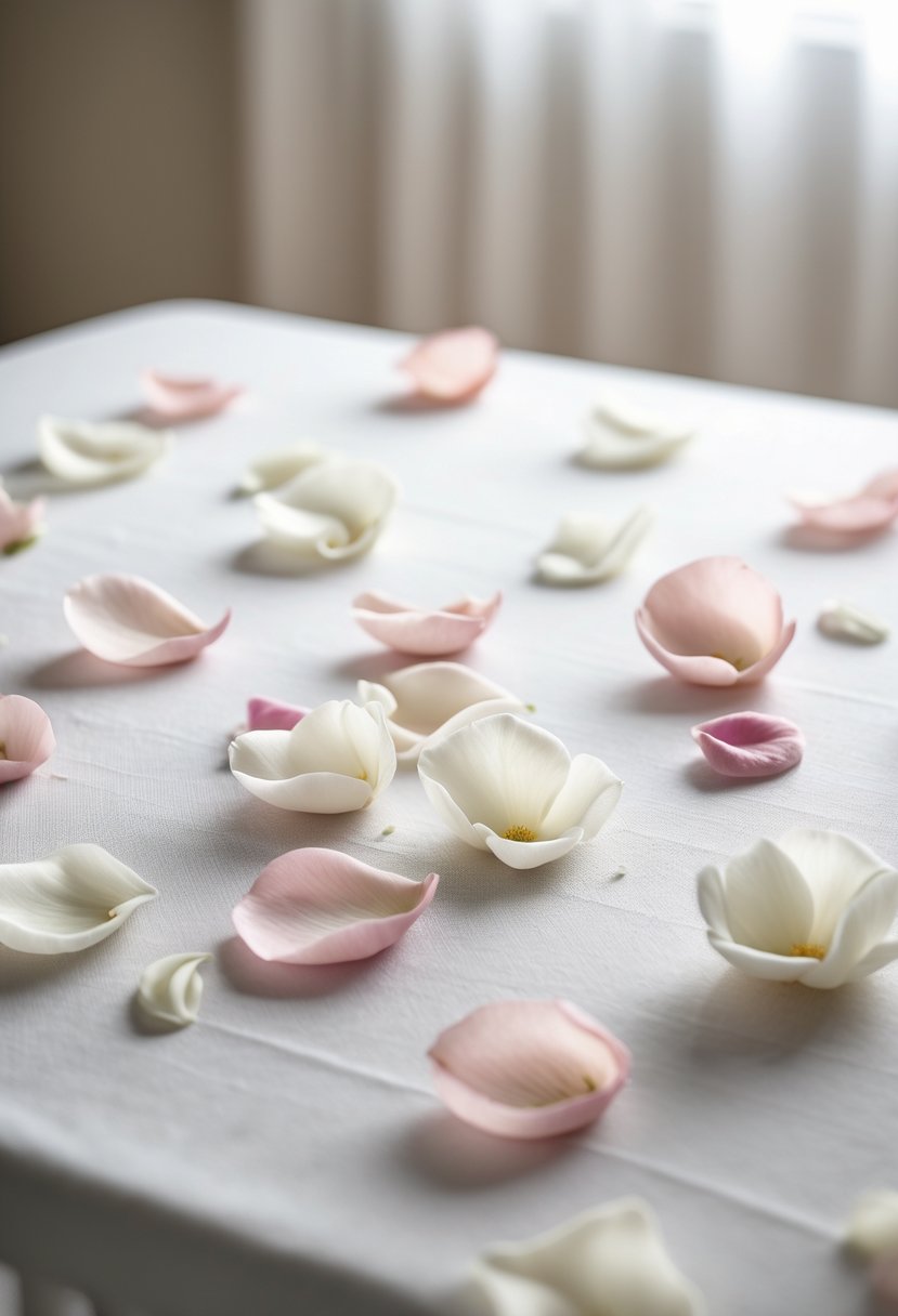 A wedding table with fresh flower petals scattered sparsely on a simple tablecloth.