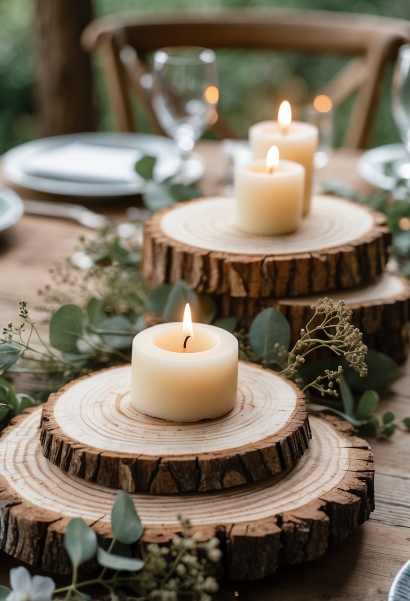 A wooden table decorated with log slice candle bases holding white candles, surrounded by greenery and wildflowers.