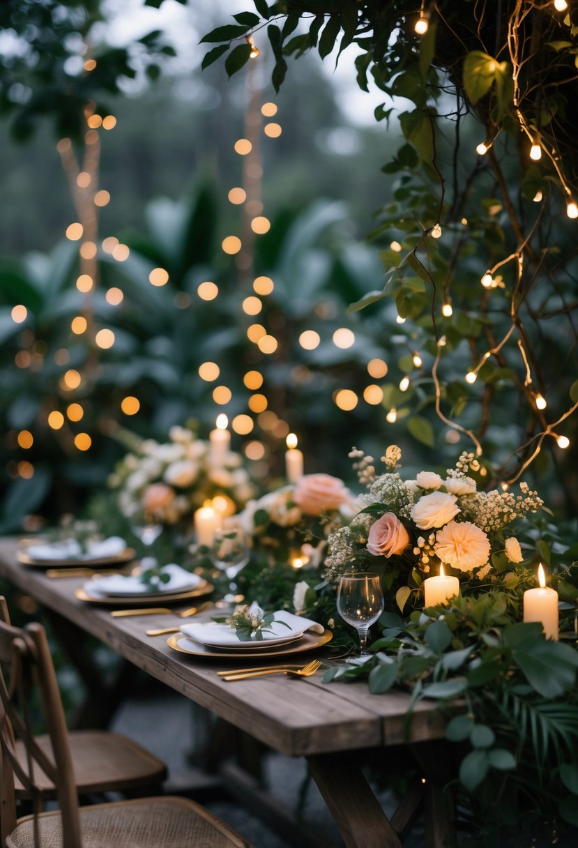 A wedding table decorated with fairy lights woven through green leaves, candles, and simple flowers.