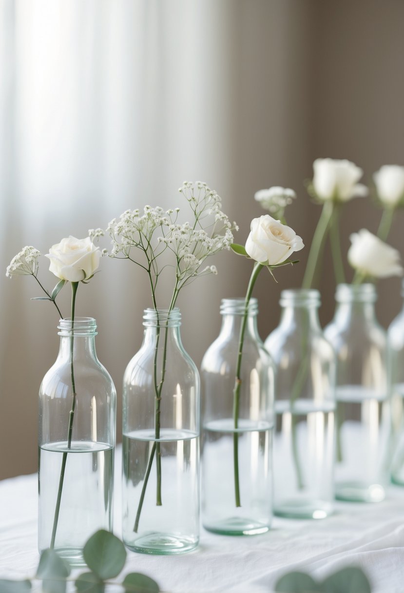 A wedding table decorated with plain glass bottles holding single small flowers arranged on a white tablecloth.