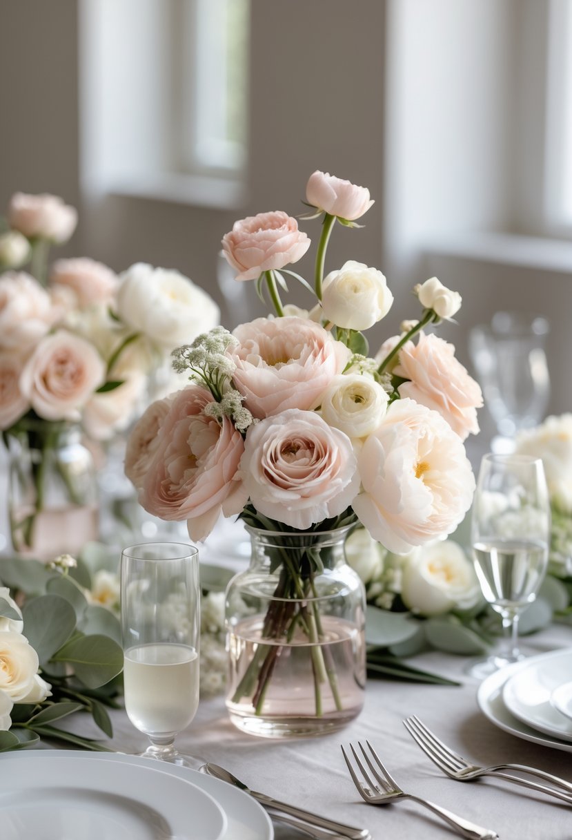 A wedding table decorated with soft blush and cream flowers in small glass vases, set with white plates and silver cutlery.