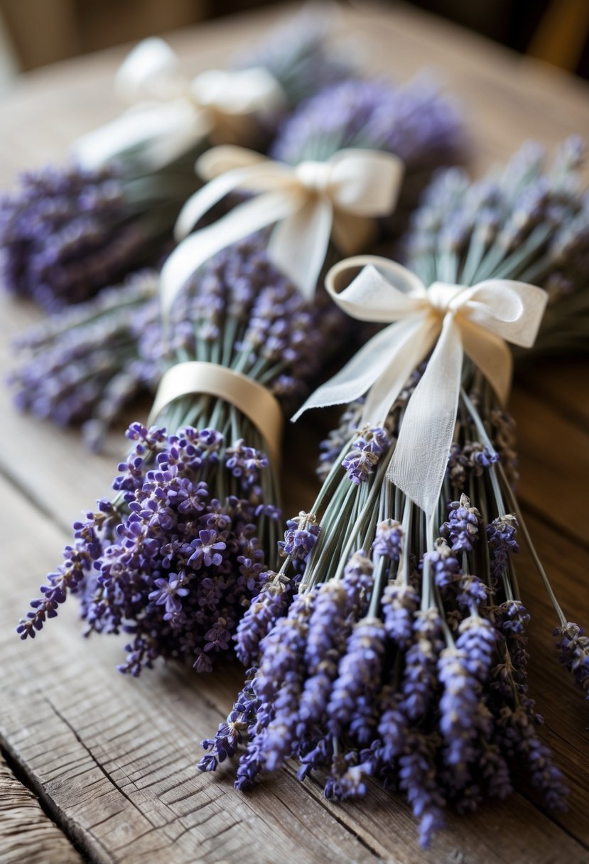 Bundles of dried lavender tied with ribbons arranged on a wooden table as wedding decorations.