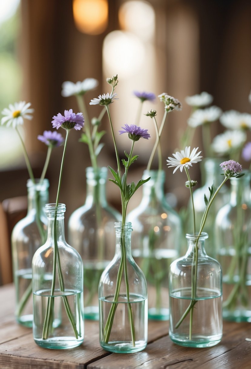 Glass bottles each holding a single wildflower stem arranged on a wooden table as wedding decorations.