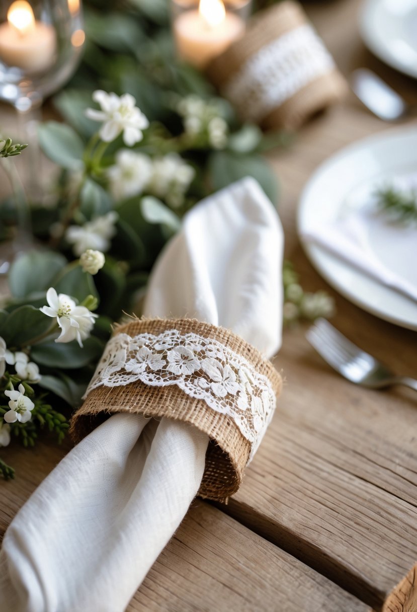 A close-up of napkin rings wrapped in burlap and lace on white linen napkins at a wedding table with natural wooden surface and soft greenery.