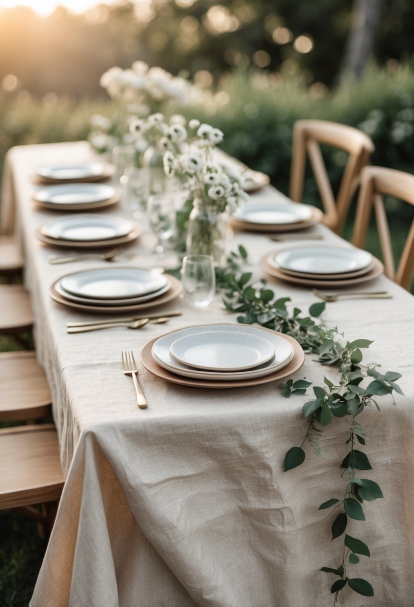 A wedding table set outdoors with natural cotton tablecloths, wooden chairs, greenery garlands, and simple floral arrangements.