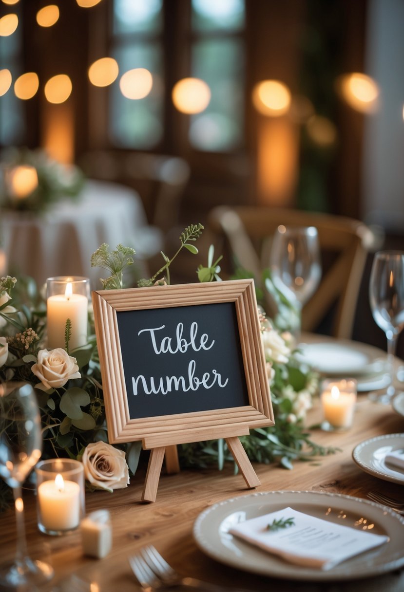 Small framed chalkboard signs on wooden tables with floral decorations and candles at a wedding reception.