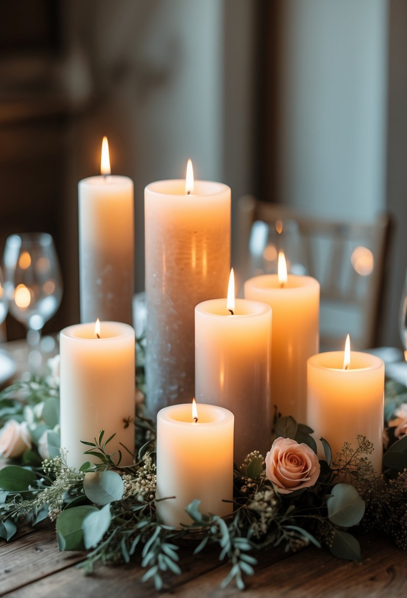 A cluster of lit pillar candles of different heights arranged on a wooden table with greenery and flowers.