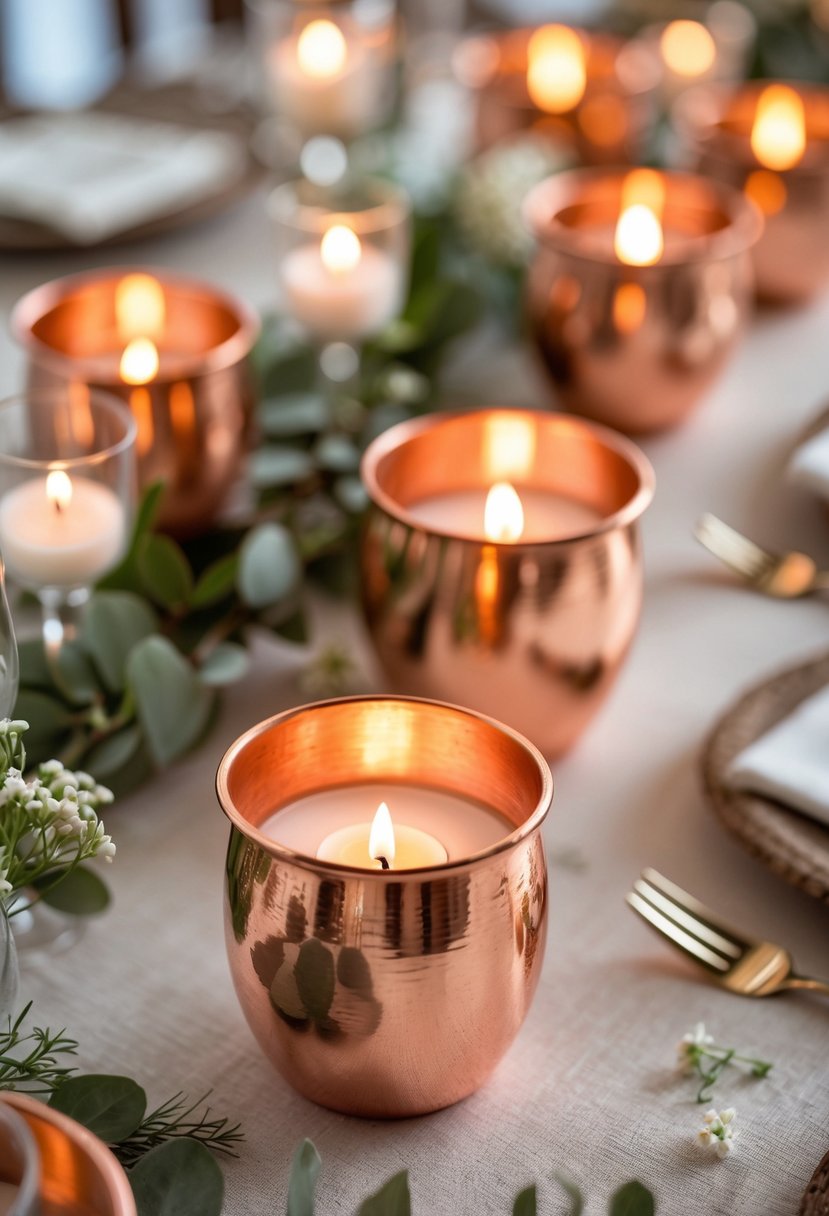 Copper votive candle holders glowing softly on a wedding table decorated with greenery and small white flowers.