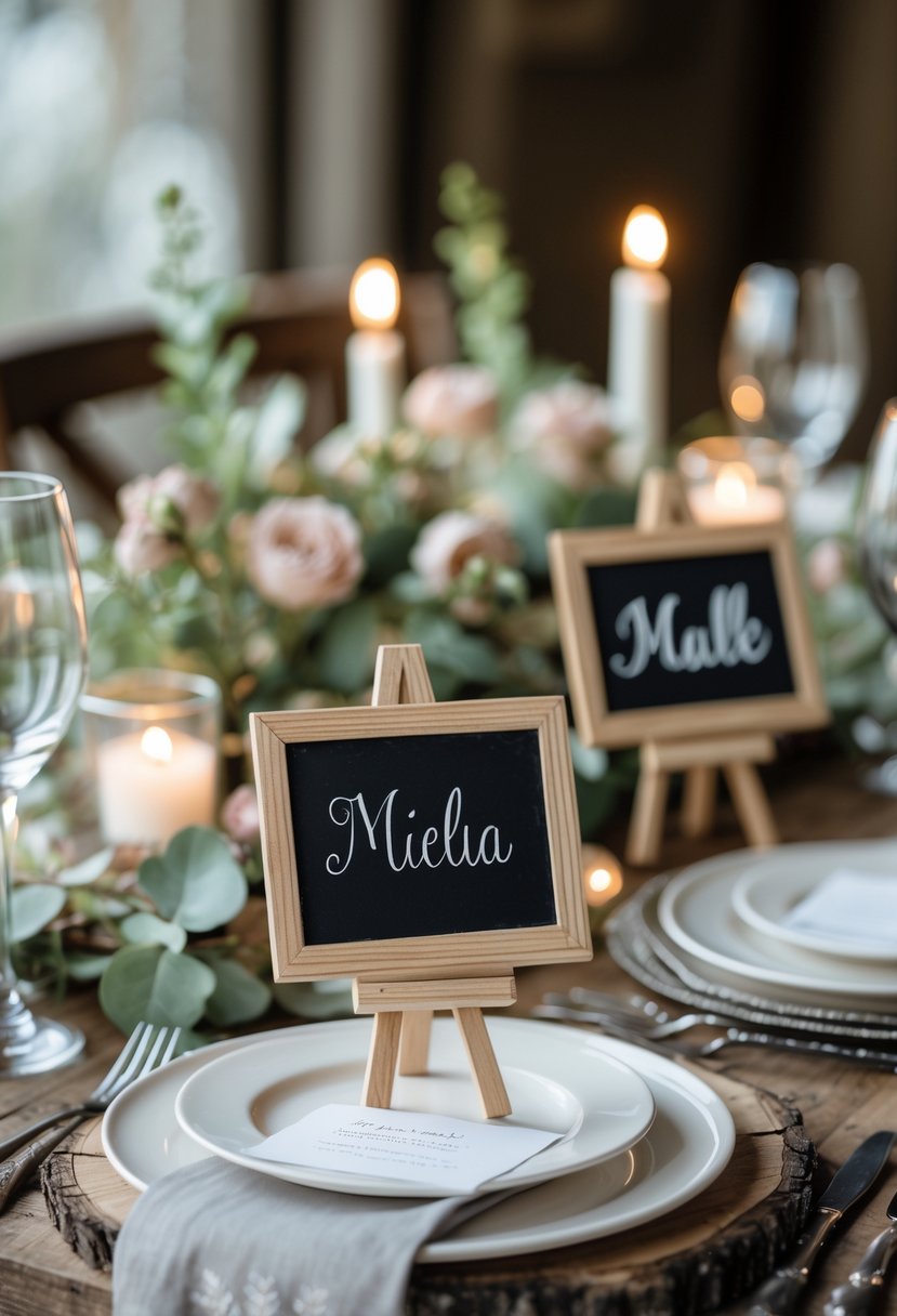 A wedding table with small blank mini chalkboards on wooden stands surrounded by flowers, greenery, plates, and glassware.