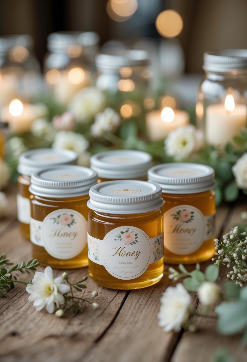 Mini honey jars with custom labels arranged on a wooden table decorated with flowers and greenery for a wedding.
