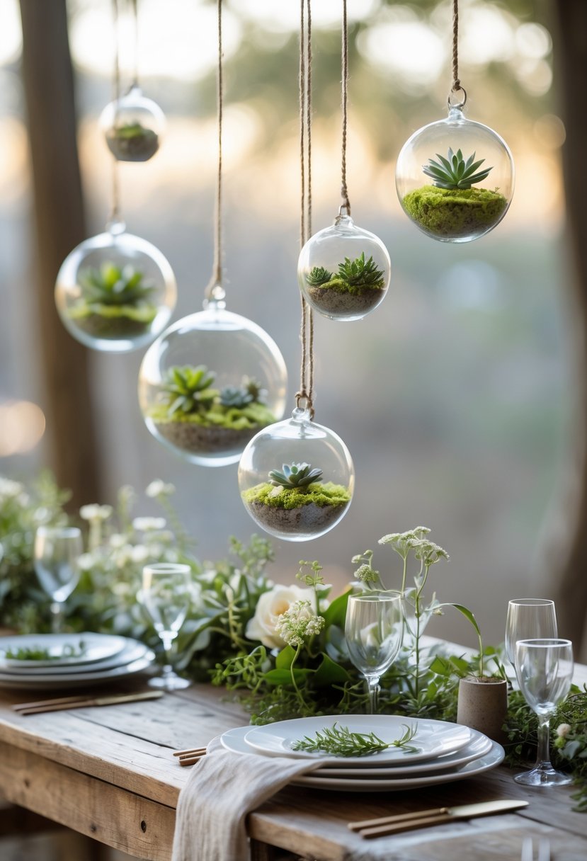 A wedding table decorated with hanging glass terrariums filled with plants, set above a rustic wooden table with simple tableware and greenery.