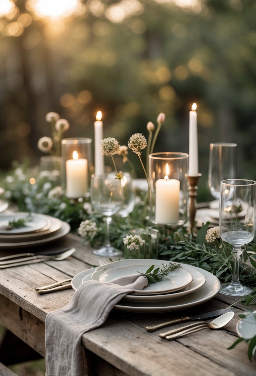 A wedding table set outdoors with wildflowers, greenery, candles, and simple tableware on a wooden surface.