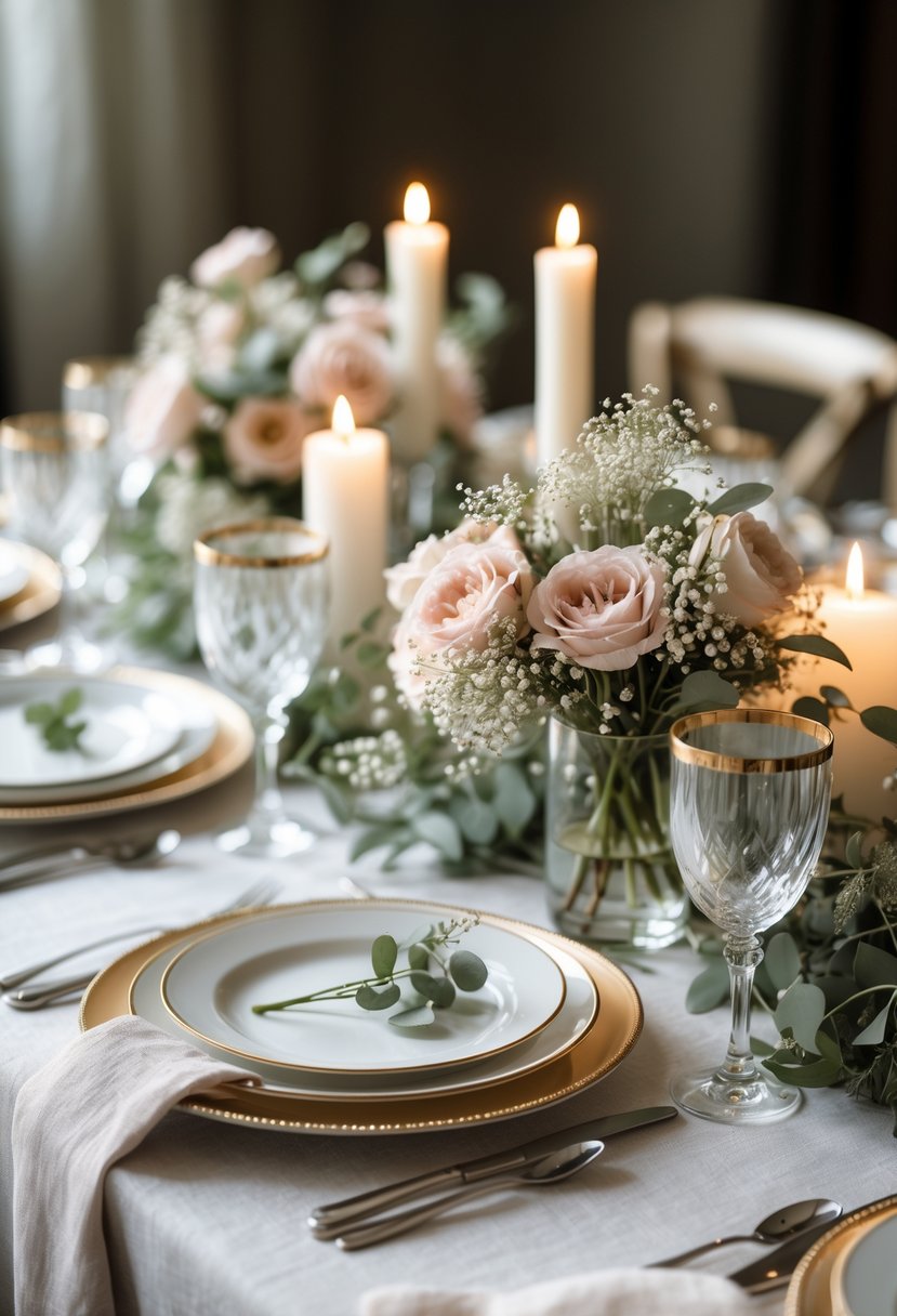 A wedding table decorated with candles, soft pink and white flowers, greenery, white plates, and crystal glasses in a warm, intimate setting.