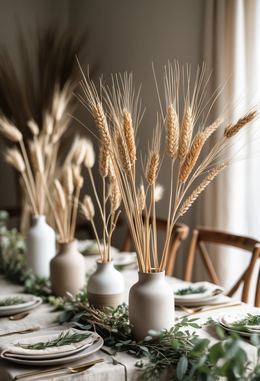 A wedding table decorated with dried grass and wheat stem arrangements in simple vases.