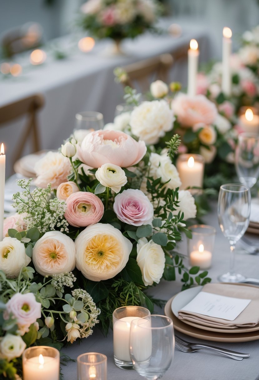 A wedding table with low floral centerpieces featuring pastel flowers and greenery, set with glassware and candles.