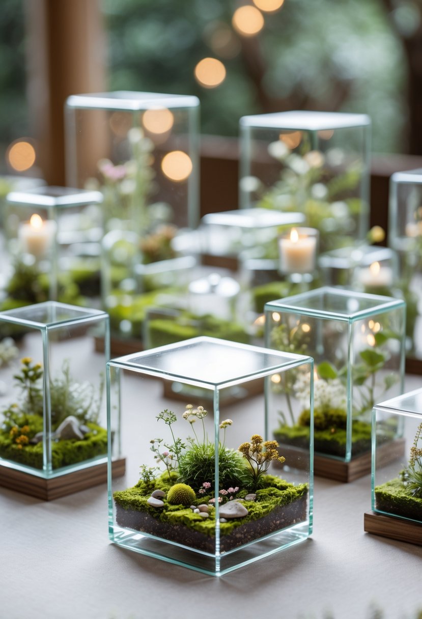 Glass cases on a table containing tiny garden scenes with miniature plants and flowers as wedding decorations.