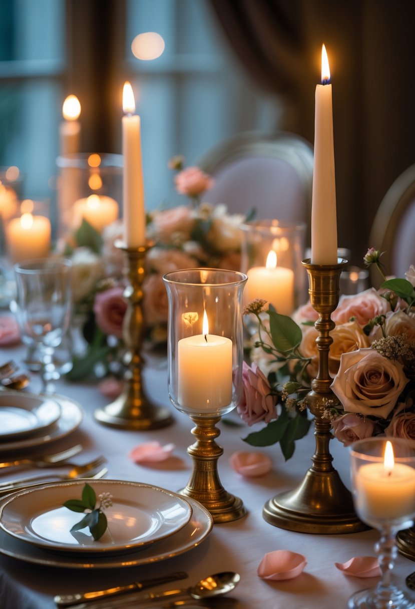 A wedding table decorated with vintage candle holders holding lit candles, flowers, and rose petals.