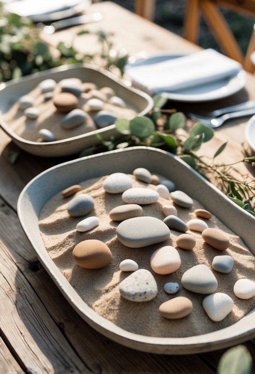 A wedding table decorated with colored sand and smooth stones arranged as a centerpiece on a rustic wooden surface.