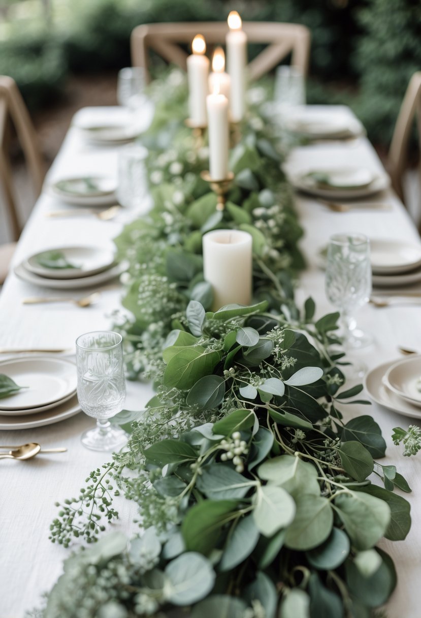 A wedding table decorated with delicate green garlands, candles, plates, and glassware in a softly lit setting.