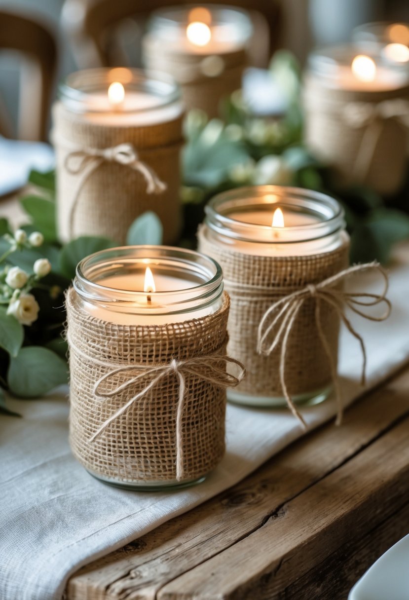 A wedding table with candle jars wrapped in burlap and twine, softly glowing among greenery and flowers.