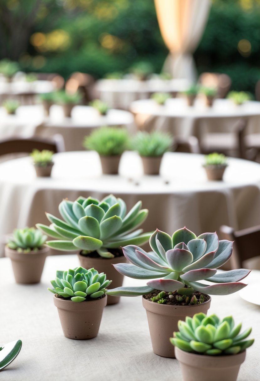 Small potted succulent plants placed on tables as wedding decorations.