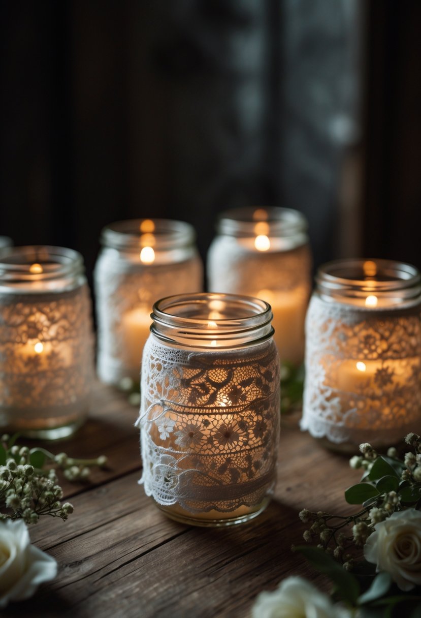 Mason jars wrapped in lace holding tealight candles on a wooden wedding table with soft candlelight and floral accents.