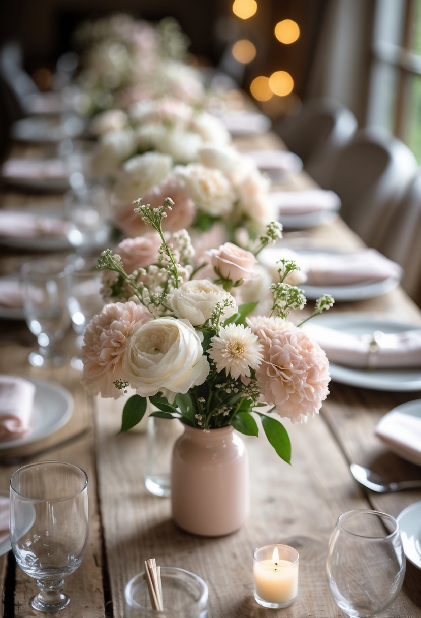 A wedding table decorated with small blush and ivory flower arrangements in vases, surrounded by candles and simple tableware.