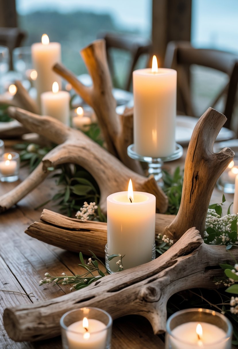 A wedding table decorated with pieces of driftwood and lit candles arranged on a wooden surface with some greenery and flowers.