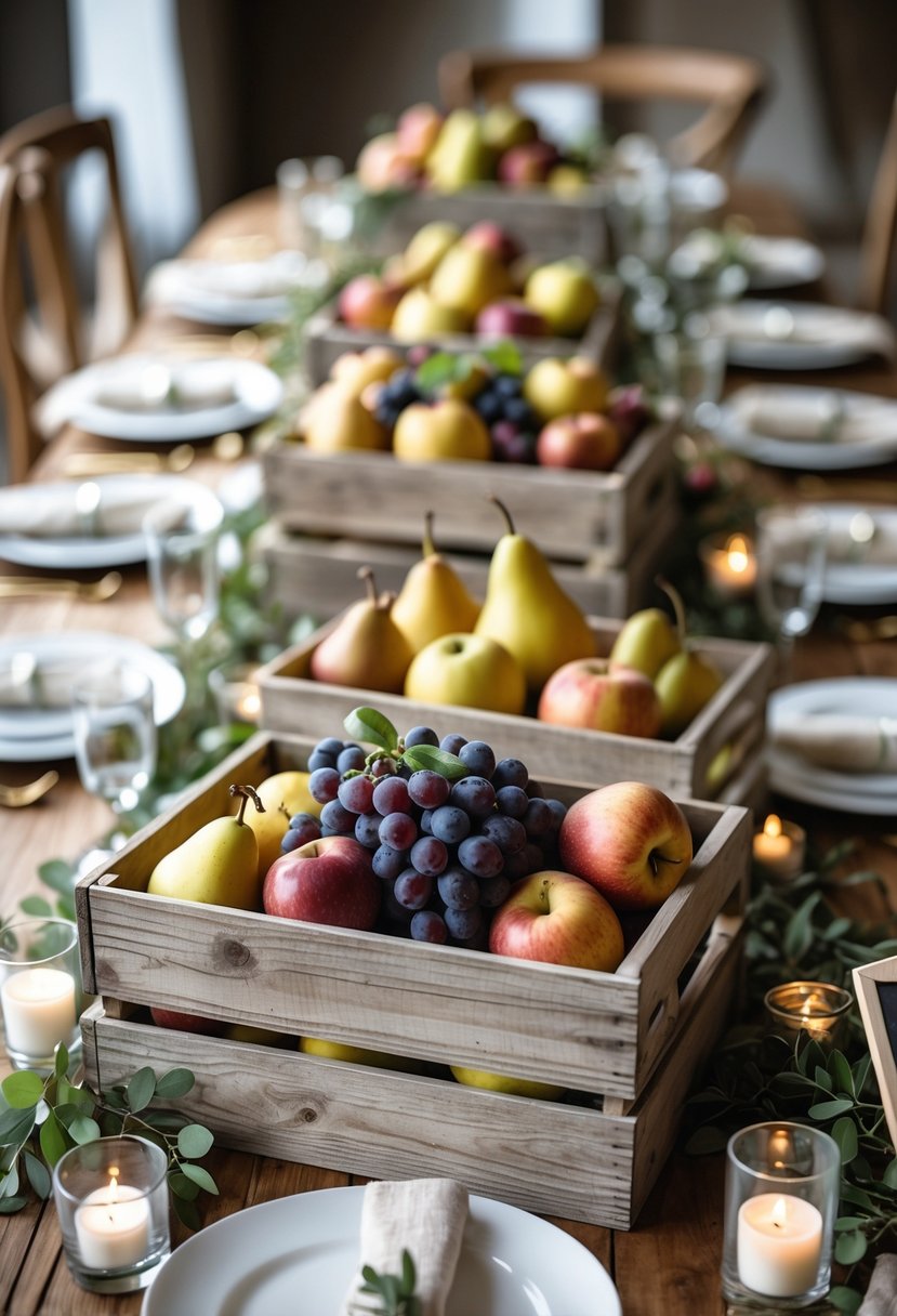 Wooden crates filled with seasonal fruits arranged on a wedding table with candles and greenery decorations.