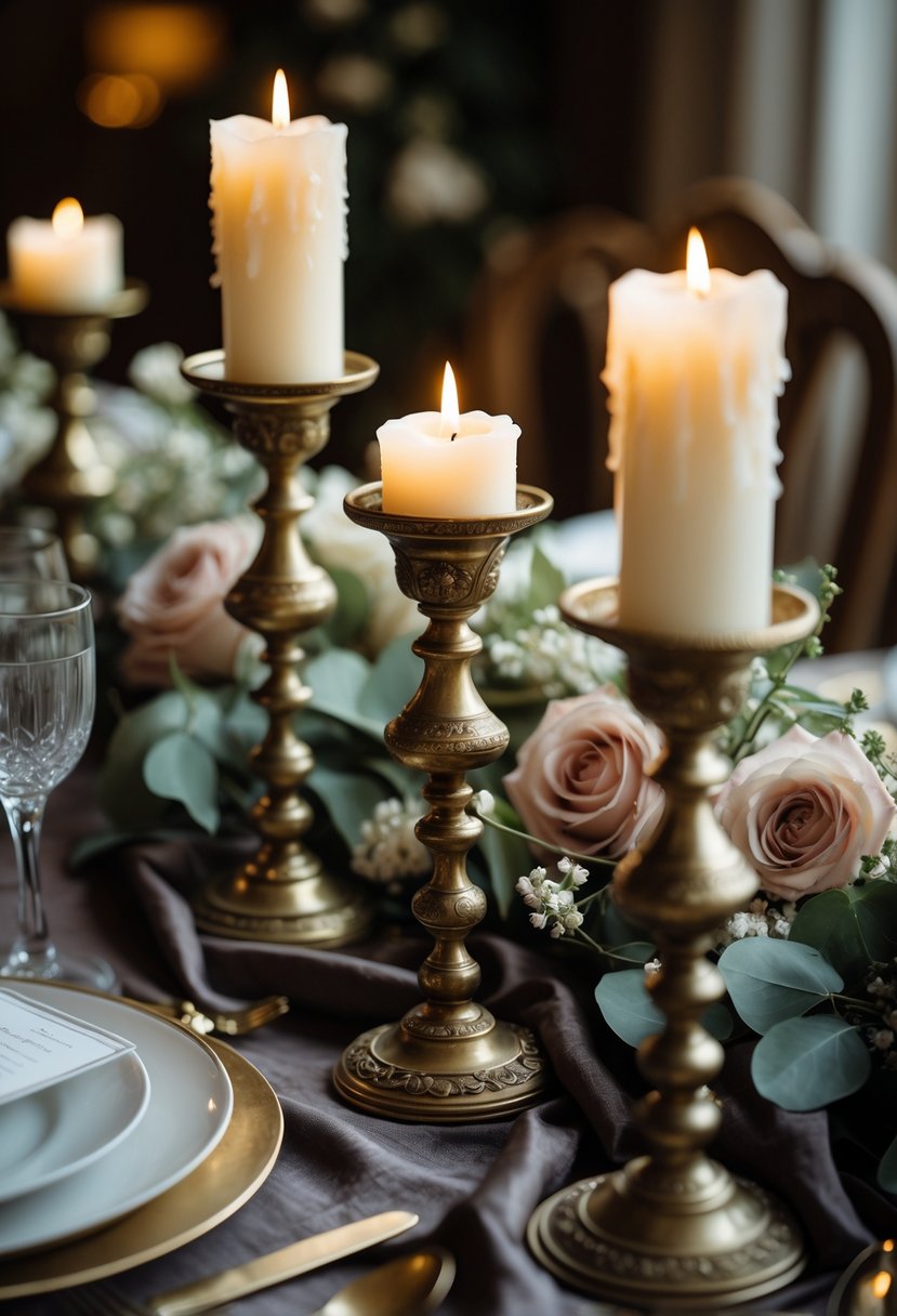 A wedding table with antique brass candlesticks holding lit candles surrounded by floral arrangements on a dark tablecloth.