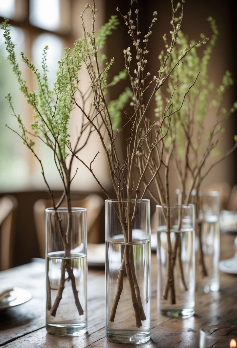 Curly willow branches arranged in clear cylinder vases on a wooden table with soft lighting.