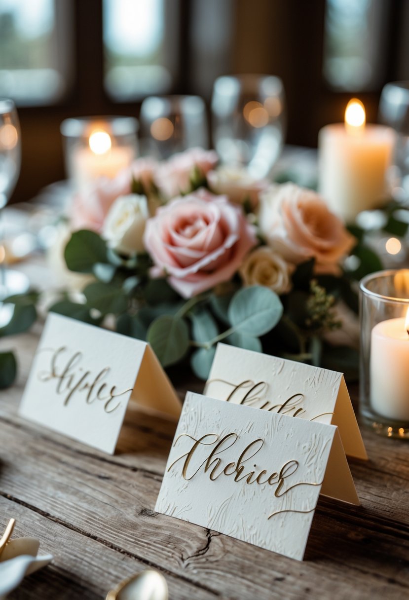 A wedding table with handwritten place cards, flowers, and candles arranged for a romantic setting.