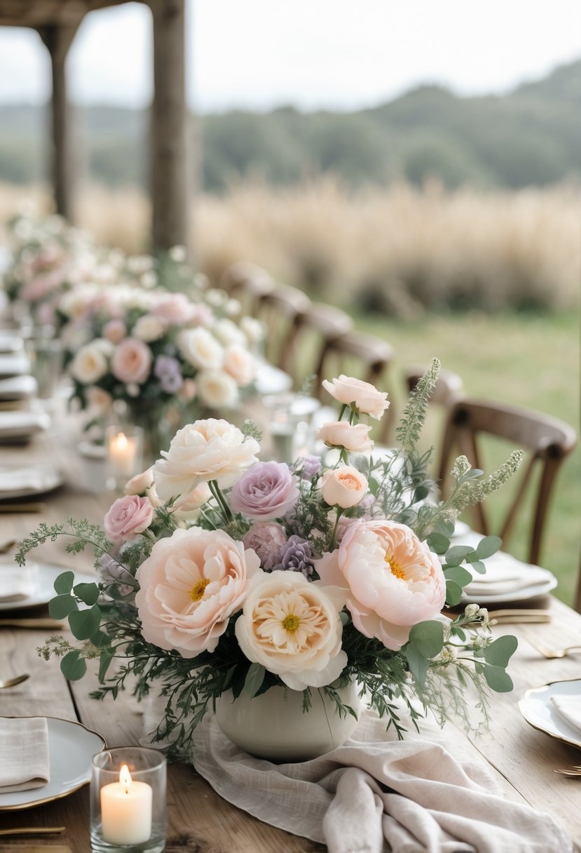 A wooden table outdoors with low pastel flower arrangements and simple table decorations.