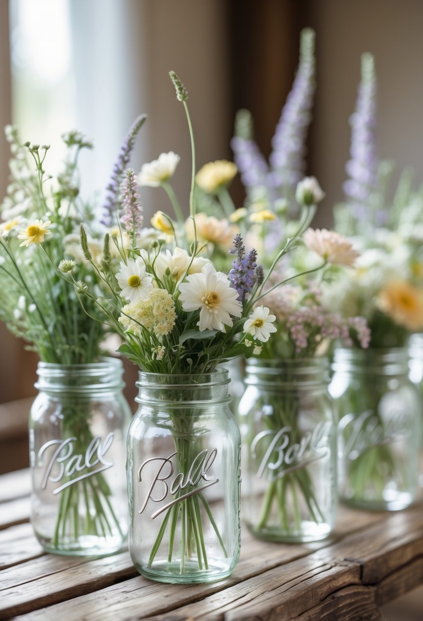 Several mason jars filled with wildflowers arranged on a wooden table.