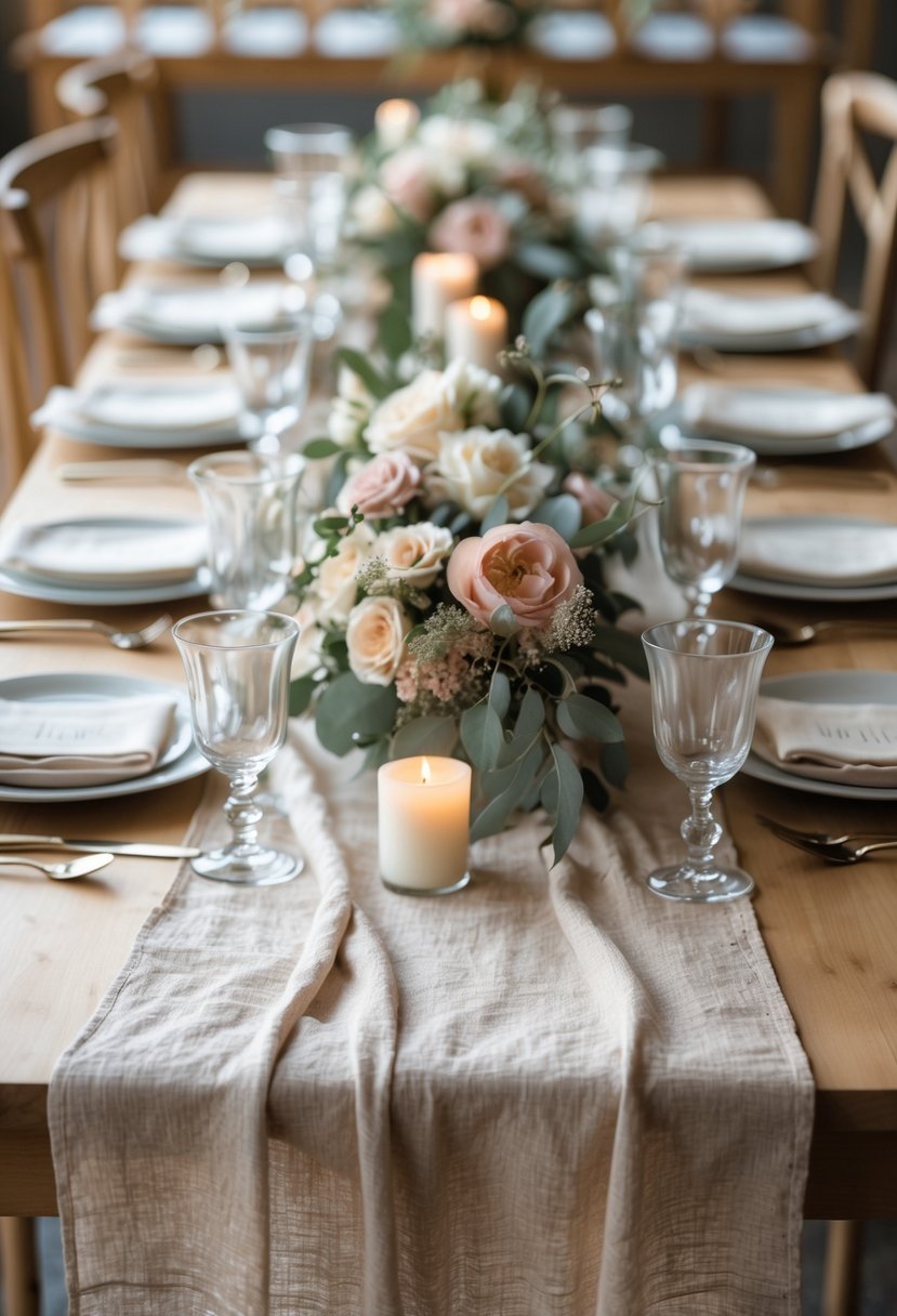 A wedding table decorated with natural linen runners, soft floral arrangements, candles, and neatly arranged tableware.