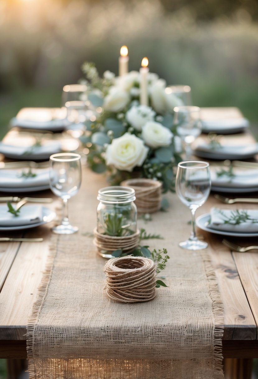 A wedding table decorated with burlap runners and natural twine accents, featuring simple floral arrangements and rustic tableware.