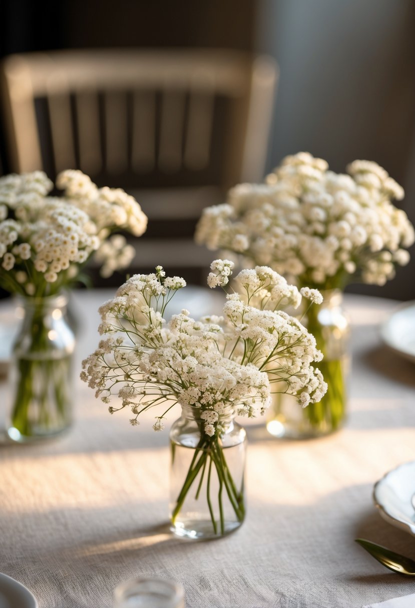 Close-up of small clusters of baby's breath flowers arranged on a wedding table.