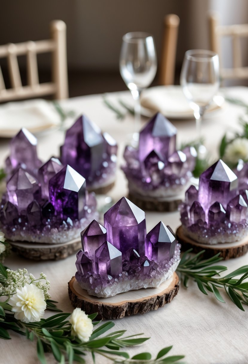 Amethyst crystal clusters arranged on a wedding table with greenery and white flowers.