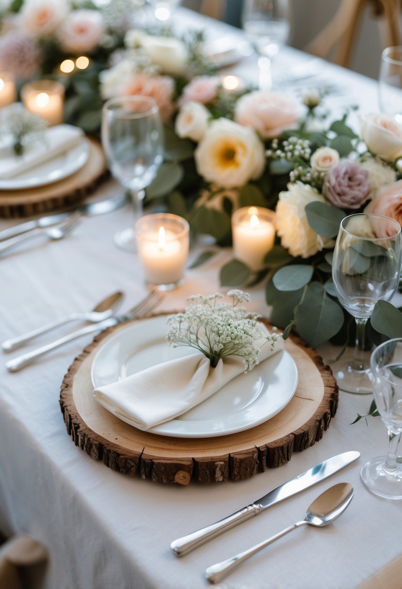 A wedding table set with rustic wooden slice chargers, white plates, soft pastel flowers, greenery, and small candles creating a warm and intimate atmosphere.
