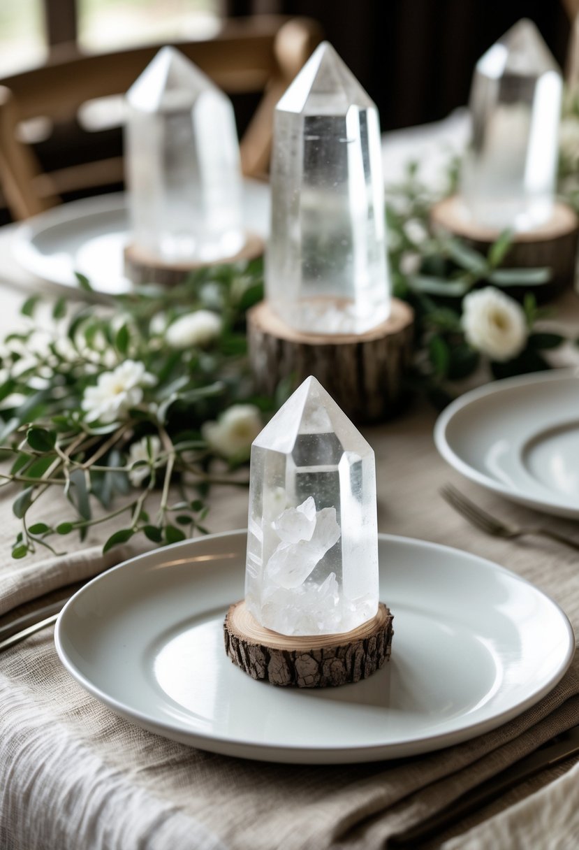 A wedding table set with clear quartz crystals as place settings, surrounded by greenery and white flowers on a rustic table.