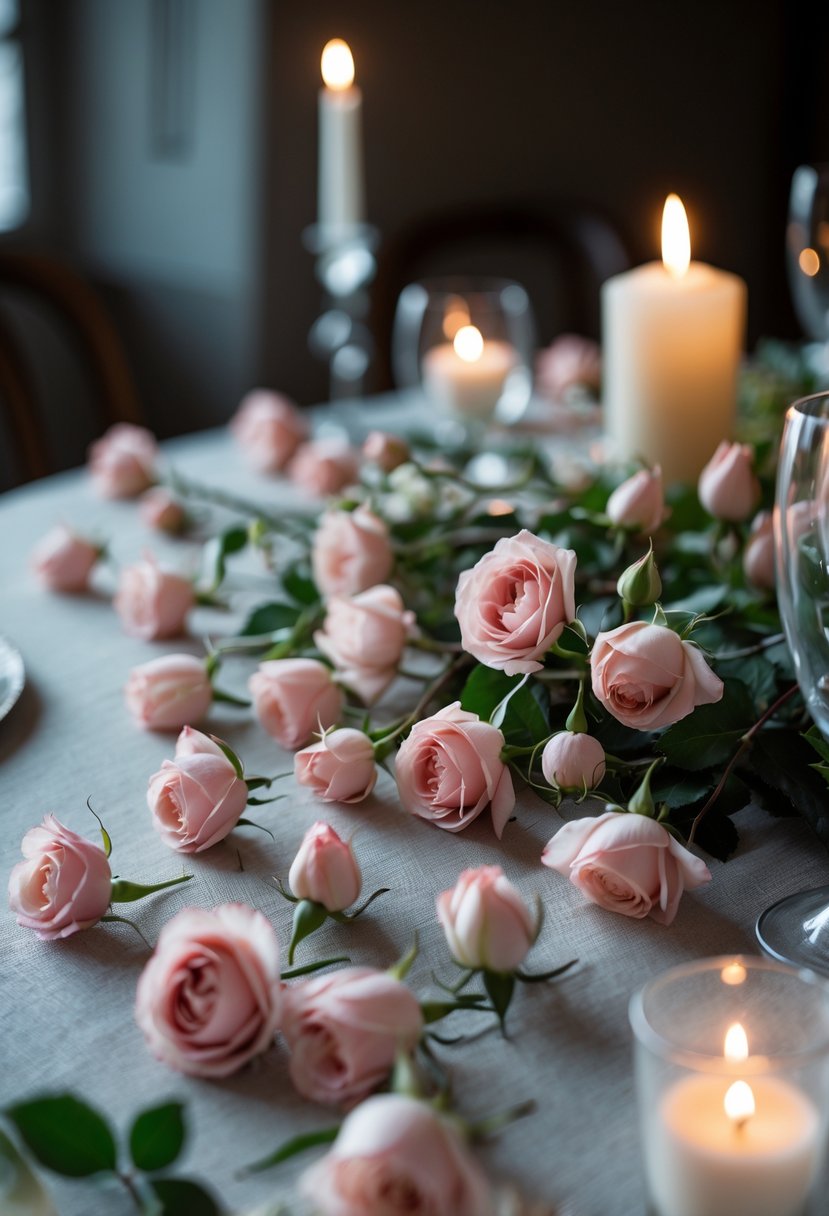 A wedding table decorated with scattered blush pink rose buds and soft candlelight.
