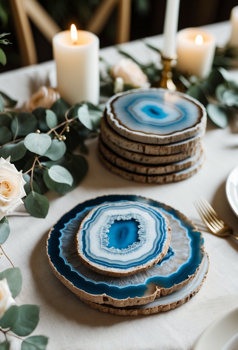 Close-up of natural agate slice coasters arranged on a wedding table with candles and greenery.
