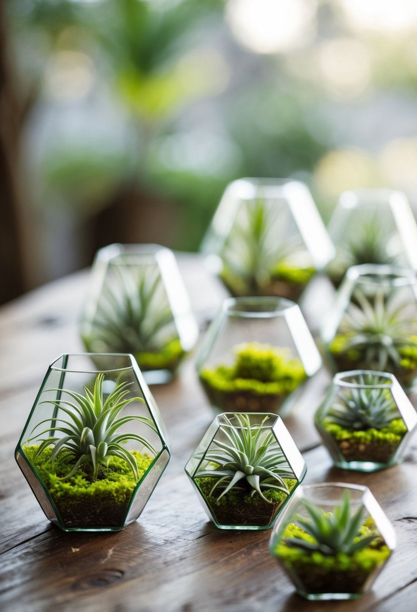 Mini terrariums with hardy green plants arranged on a wooden table as wedding decorations.