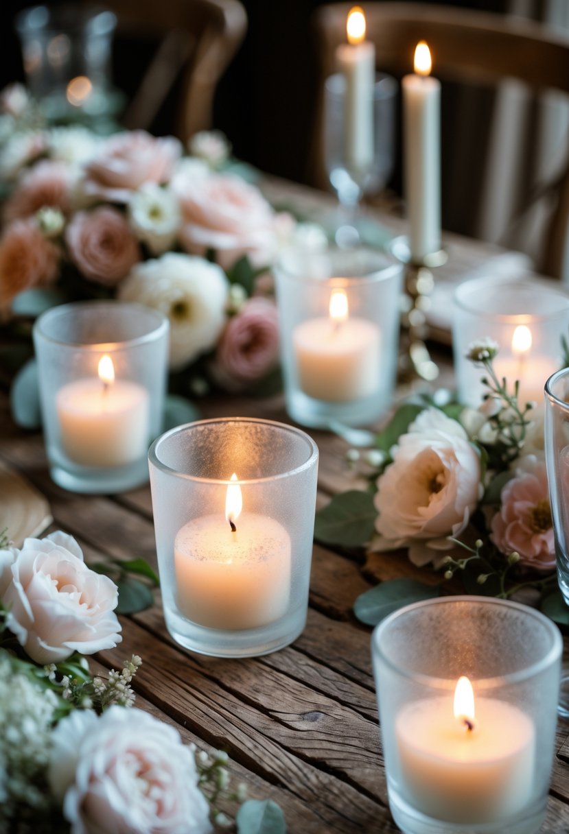 A wedding table with frosted glass votive candles glowing softly among pastel flowers and greenery.