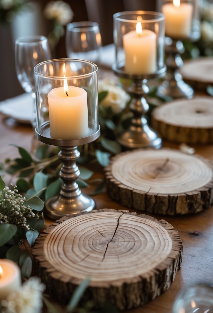 Close-up of wooden slices used as bases under candle holders on a wedding table with lit candles and natural decorations.