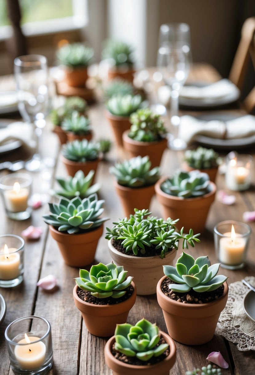 Mini potted succulents arranged on a wooden table with candles and rose petals as wedding decorations.
