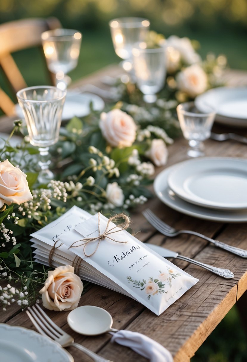 A wedding table decorated with personalized seed packets, fresh greenery, and pastel flowers, set outdoors with soft natural lighting.
