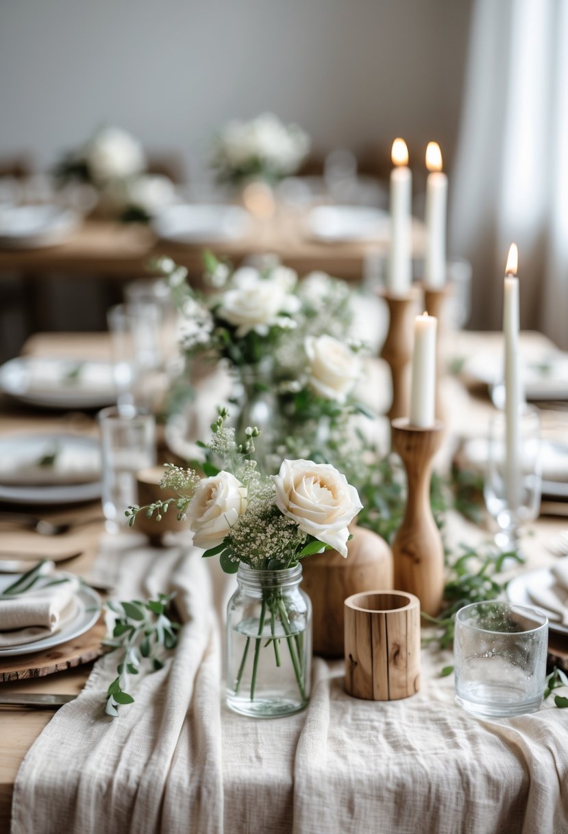 A wedding table set with natural linen tablecloths, simple white flowers, greenery, and wooden decorative elements.