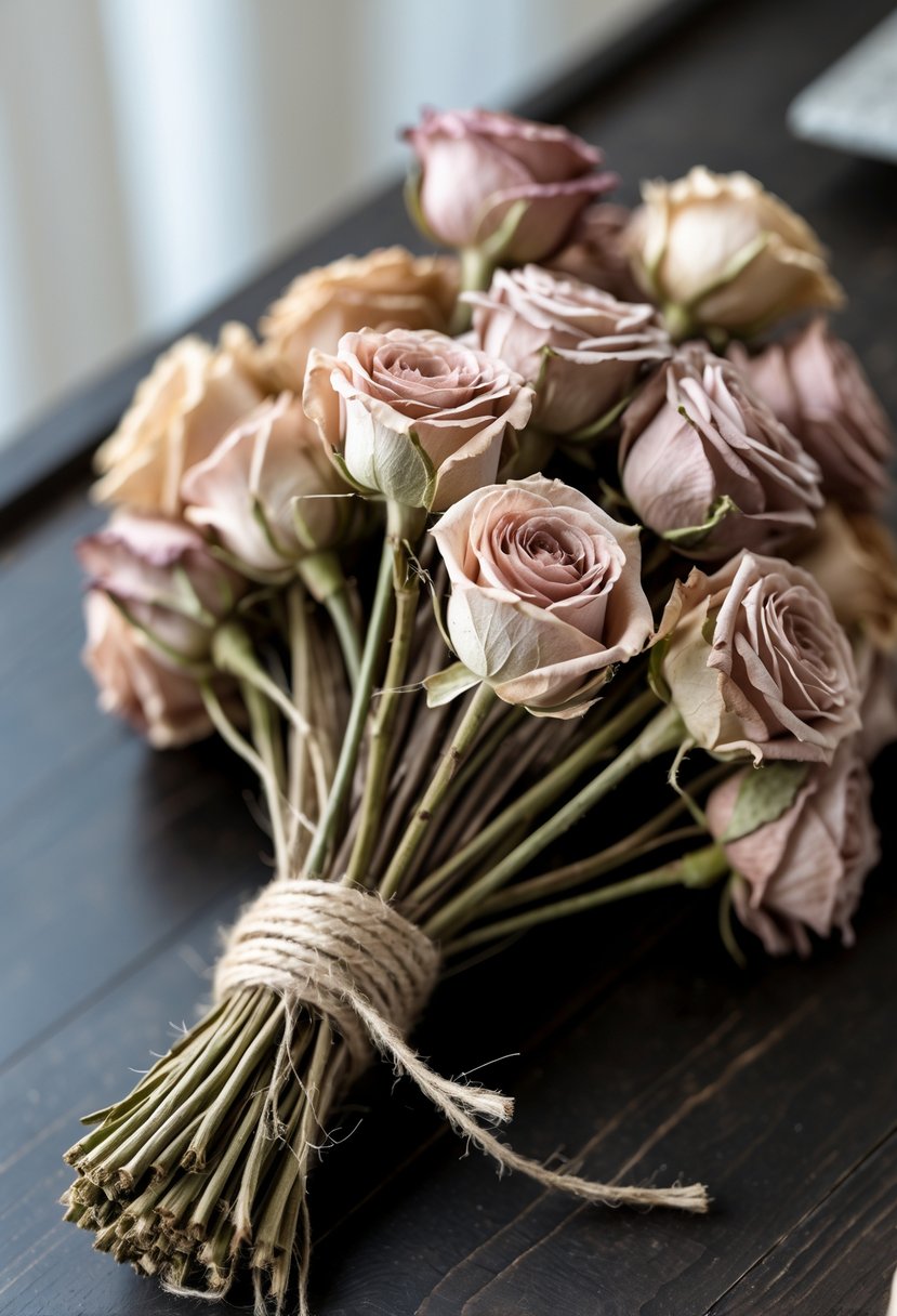 Dried rose bunches tied with hemp twine resting on a dark wooden table as a wedding decoration.