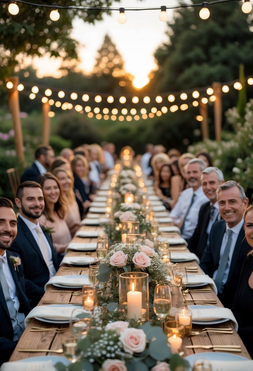 Guests enjoying a small outdoor wedding reception at a long decorated table with flowers and string lights during sunset.